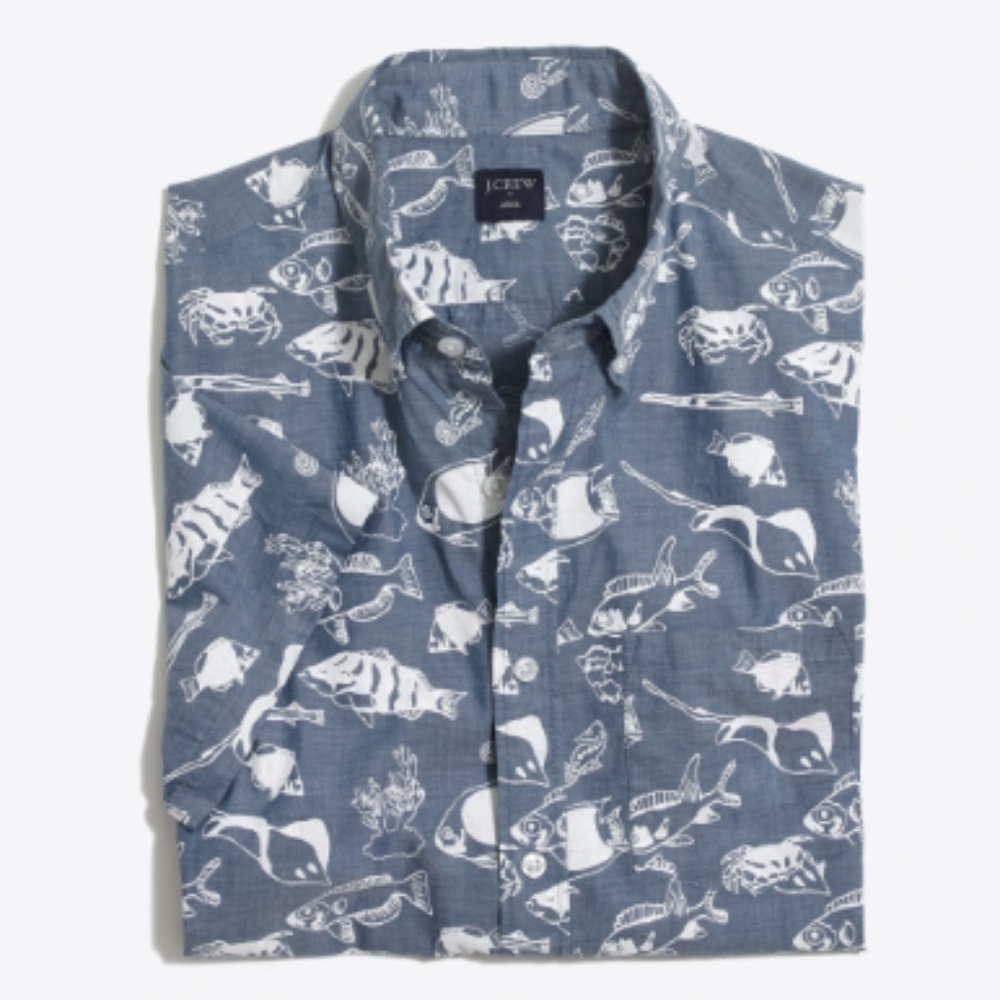 J. Crew Slim Short-Sleeve Fish Printed Shirt, L
